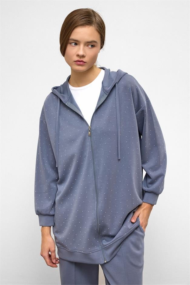 Hooded Zippered Stone Embellished Premium Fabric Sweat Pants Set BLUE 9371-TK