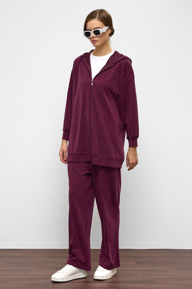 Hooded Zippered Stone Embellished Premium Fabric Sweat Pants Set CLARET RED 9371-TK