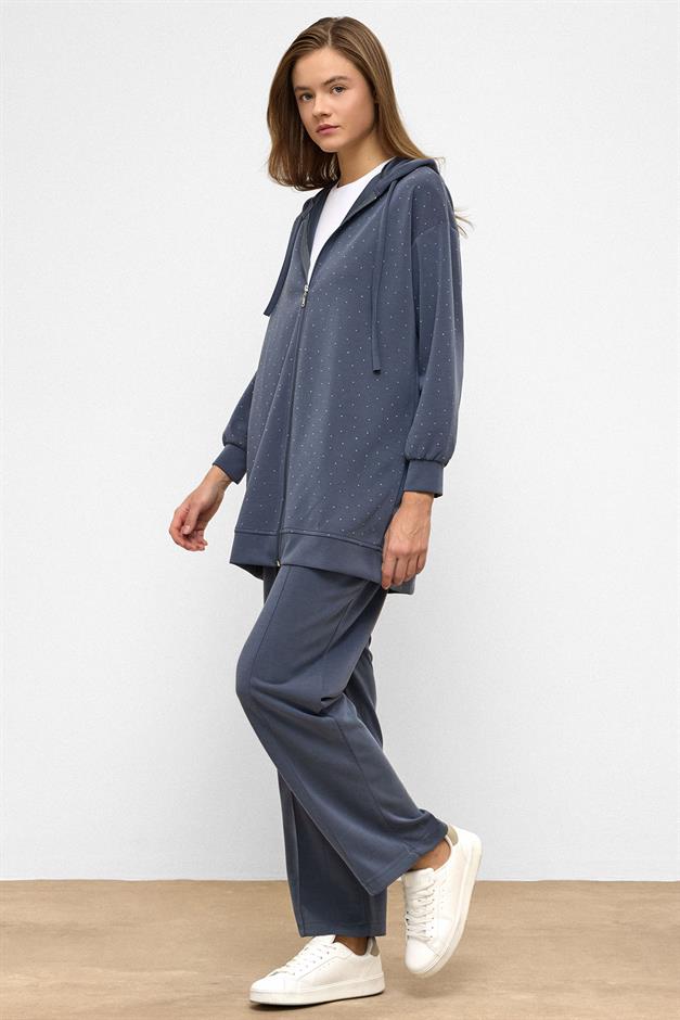 Hooded Zippered Stone Embellished Premium Fabric Sweat Pants Set İNDİGO 9371-TK