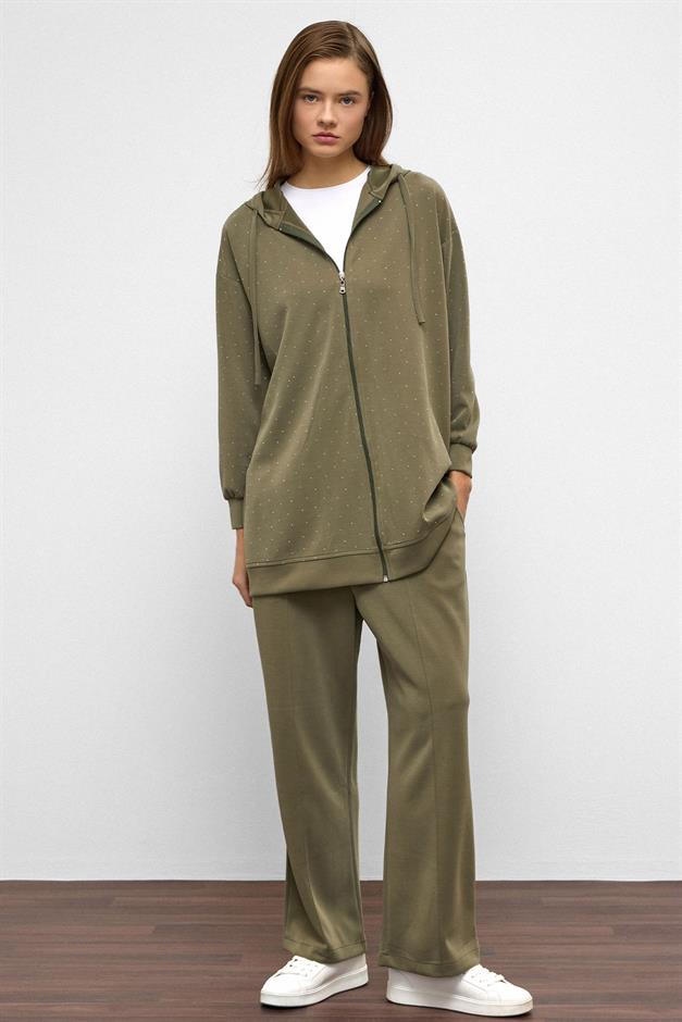 Hooded Zippered Stone Embellished Premium Fabric Sweat Pants Set DRAB 9371-TK