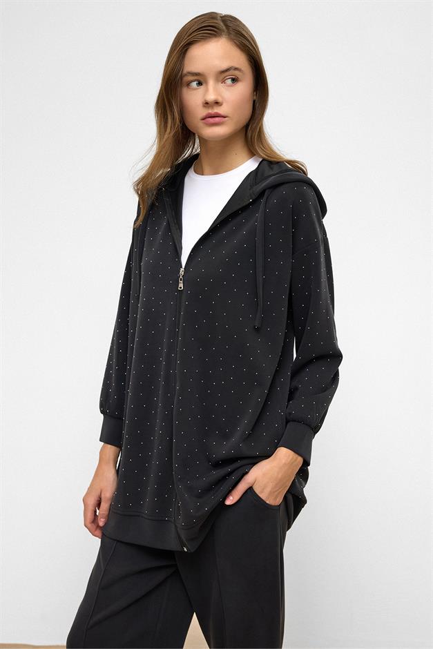 Hooded Zippered Stone Embellished Premium Fabric Sweat Pants Set BLACK 9371-TK