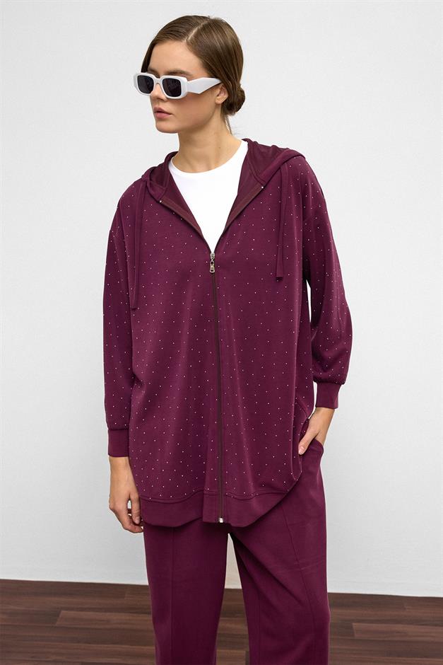 Hooded Zippered Stone Embellished Premium Fabric Sweat Pants Set CLARET RED 9371-TK