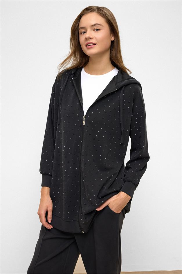 Hooded Zippered Stone Embellished Premium Fabric Sweat Pants Set BLACK 9371-TK