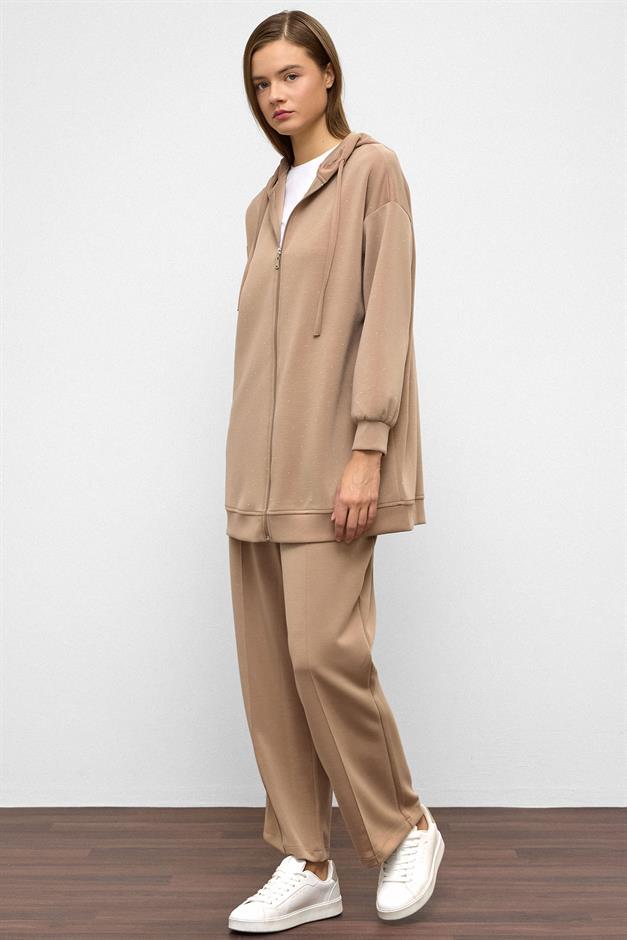 Hooded Zippered Stone Embellished Premium Fabric Sweat Pants Set CAMEL 9371-TK