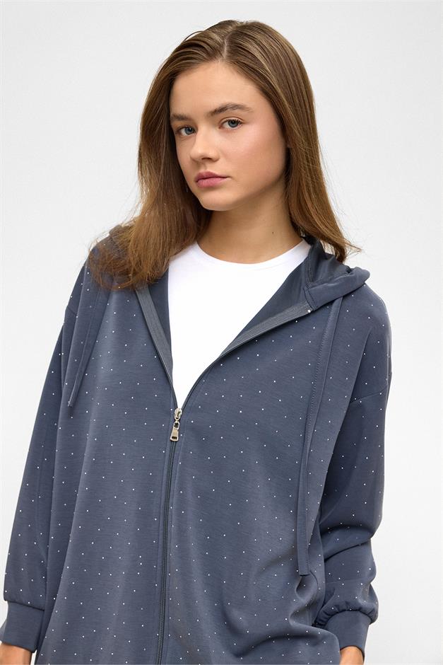 Hooded Zippered Stone Embellished Premium Fabric Sweat Pants Set İNDİGO 9371-TK