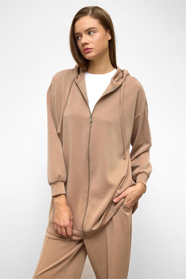Hooded Zippered Stone Embellished Premium Fabric Sweat Pants Set CAMEL 9371-TK