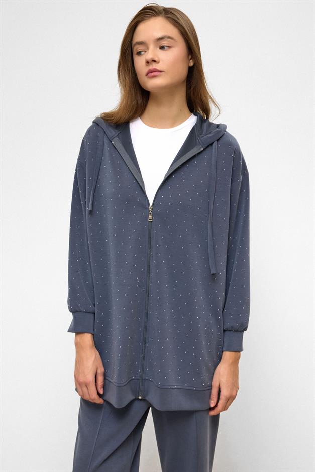 Hooded Zippered Stone Embellished Premium Fabric Sweat Pants Set İNDİGO 9371-TK