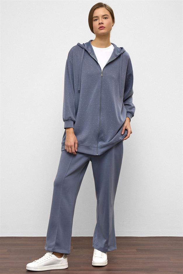 Hooded Zippered Stone Embellished Premium Fabric Sweat Pants Set BLUE 9371-TK