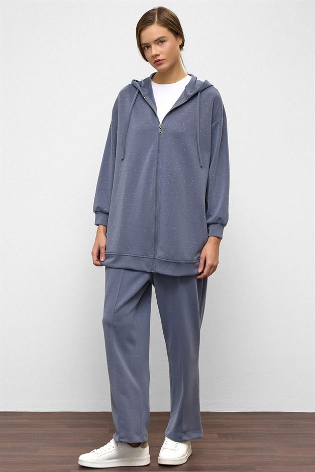 Hooded Zippered Stone Embellished Premium Fabric Sweat Pants Set BLUE 9371-TK