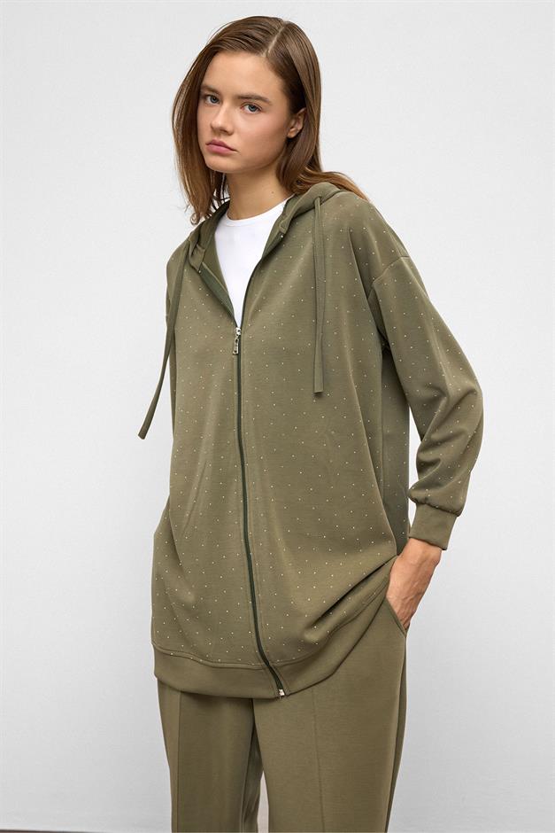 Hooded Zippered Stone Embellished Premium Fabric Sweat Pants Set DRAB 9371-TK