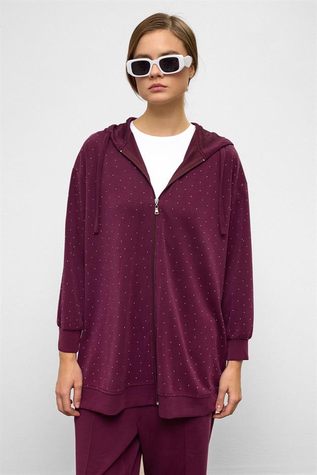 Hooded Zippered Stone Embellished Premium Fabric Sweat Pants Set CLARET RED 9371-TK