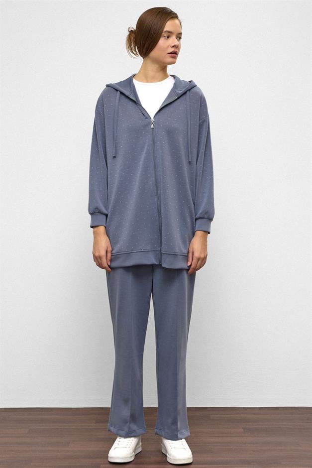 Hooded Zippered Stone Embellished Premium Fabric Sweat Pants Set BLUE 9371-TK