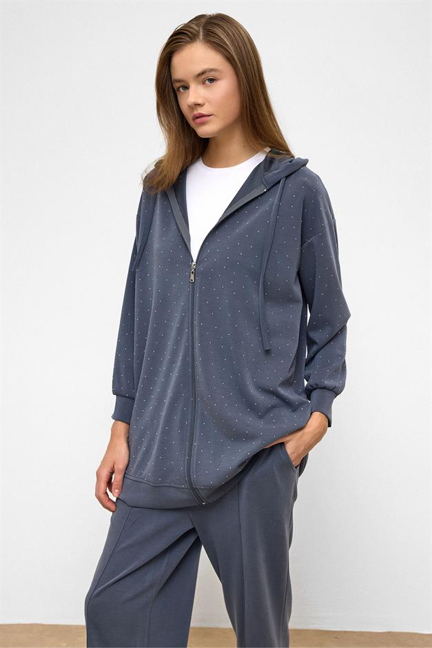 Hooded Zippered Stone Embellished Premium Fabric Sweat Pants Set İNDİGO 9371-TK