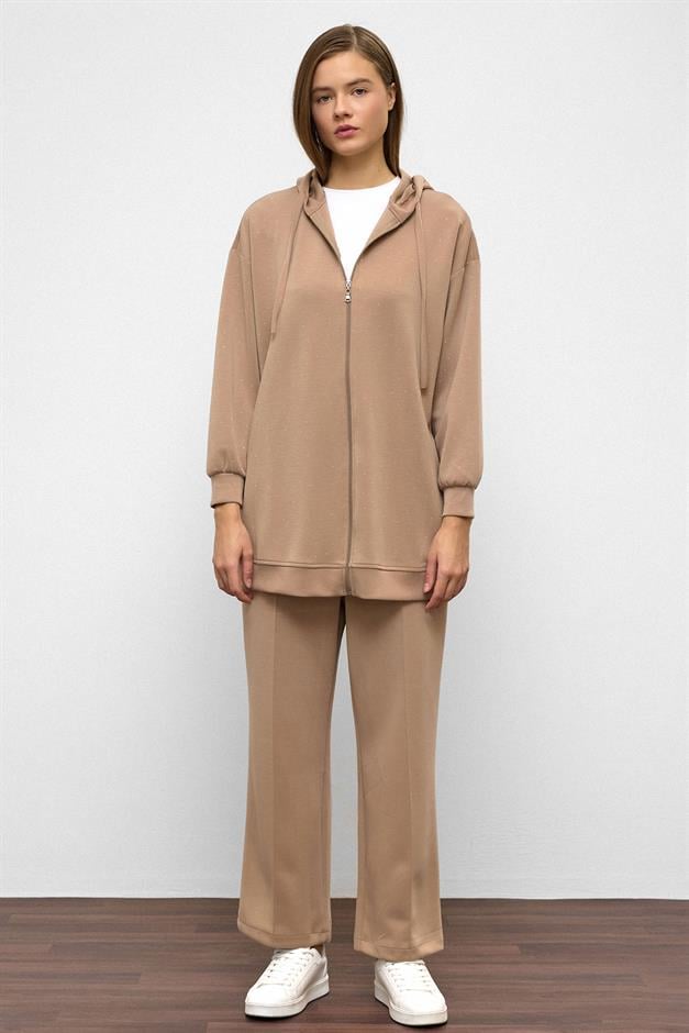 Hooded Zippered Stone Embellished Premium Fabric Sweat Pants Set CAMEL 9371-TK