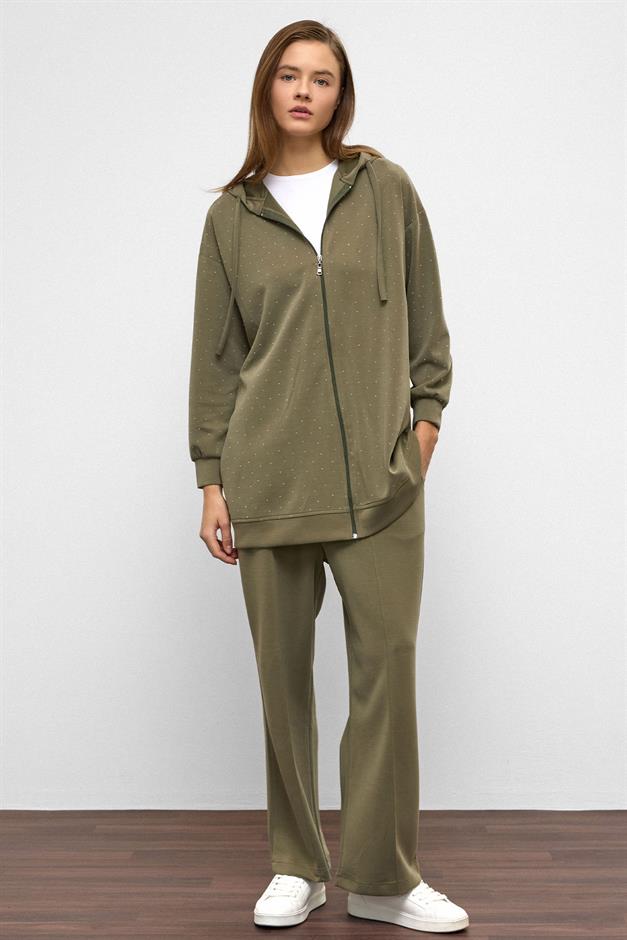 Hooded Zippered Stone Embellished Premium Fabric Sweat Pants Set DRAB 9371-TK