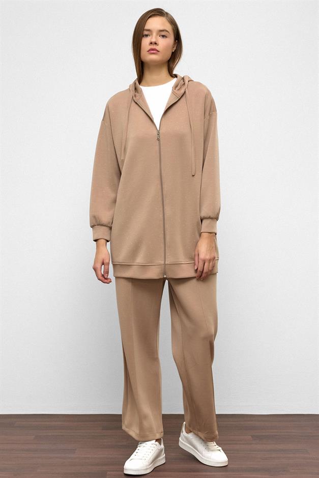 Hooded Zippered Stone Embellished Premium Fabric Sweat Pants Set CAMEL 9371-TK