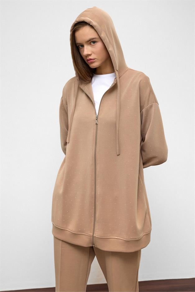 Hooded Zippered Stone Embellished Premium Fabric Sweat Pants Set CAMEL 9371-TK