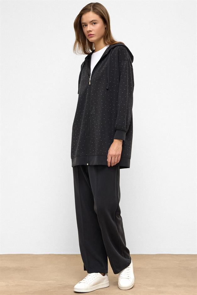 Hooded Zippered Stone Embellished Premium Fabric Sweat Pants Set BLACK 9371-TK