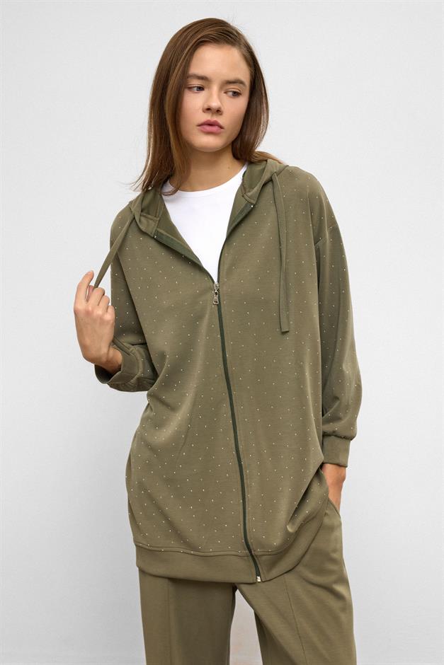 Hooded Zippered Stone Embellished Premium Fabric Sweat Pants Set DRAB 9371-TK