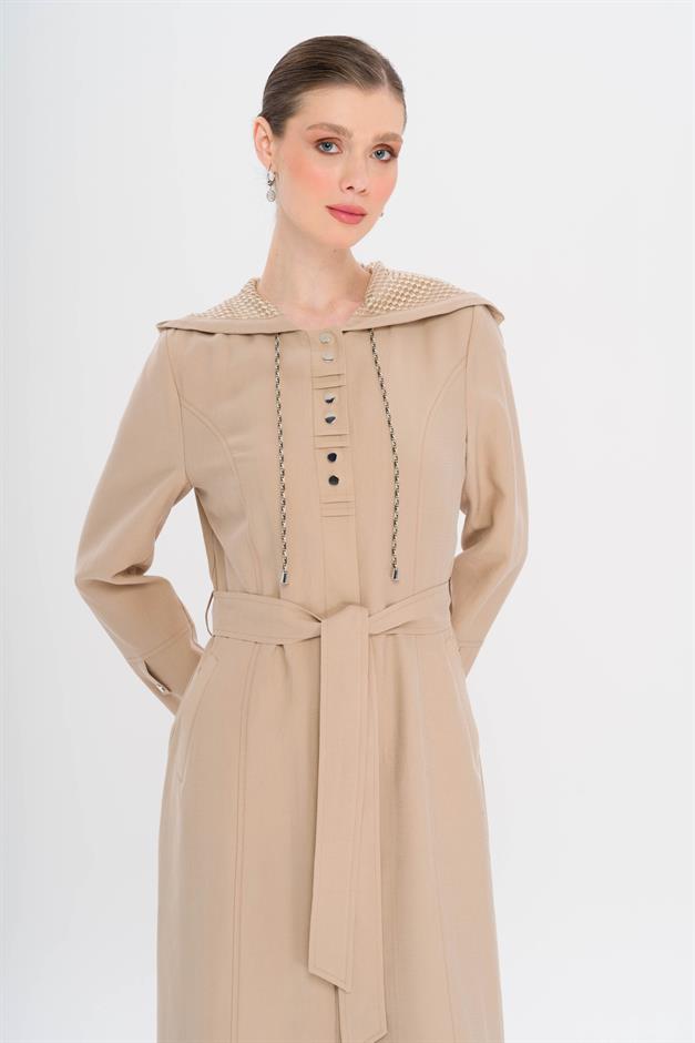 Kapüşonlu File ve Kordon Detaylı Astrasız Modal Pardesü BEJ 6739