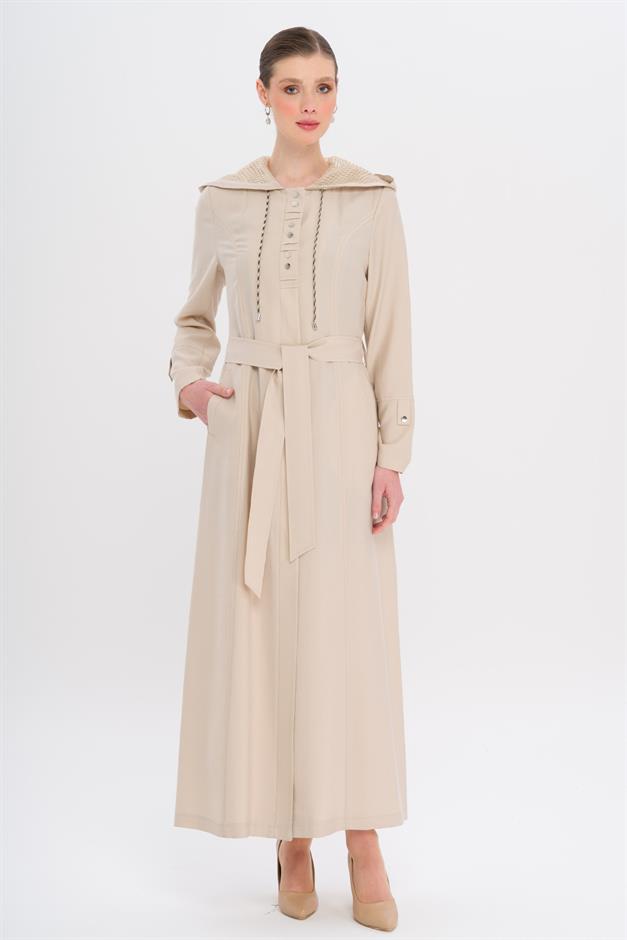 Kapüşonlu File ve Kordon Detaylı Astrasız Modal Pardesü TAŞ 6739