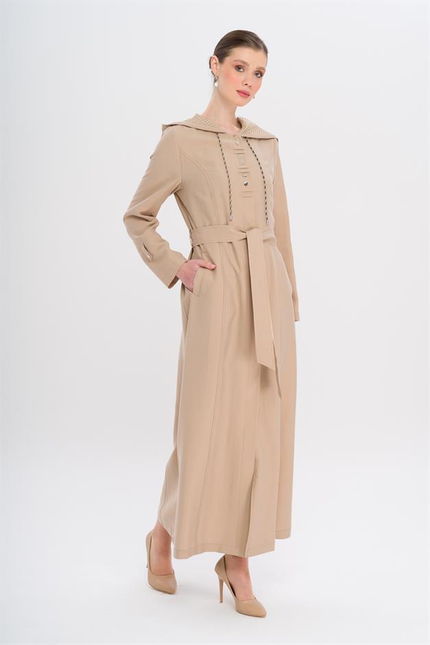 Kapüşonlu File ve Kordon Detaylı Astrasız Modal Pardesü BEJ 6739