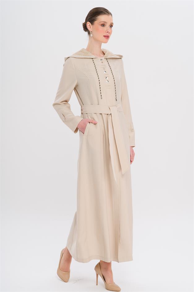 Kapüşonlu File ve Kordon Detaylı Astrasız Modal Pardesü TAŞ 6739