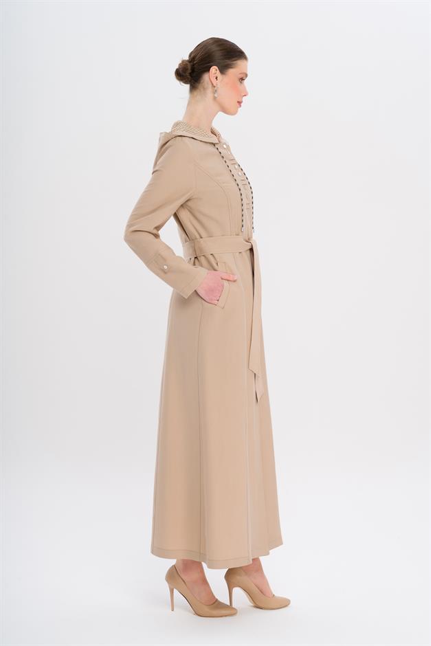 Kapüşonlu File ve Kordon Detaylı Astrasız Modal Pardesü BEJ 6739