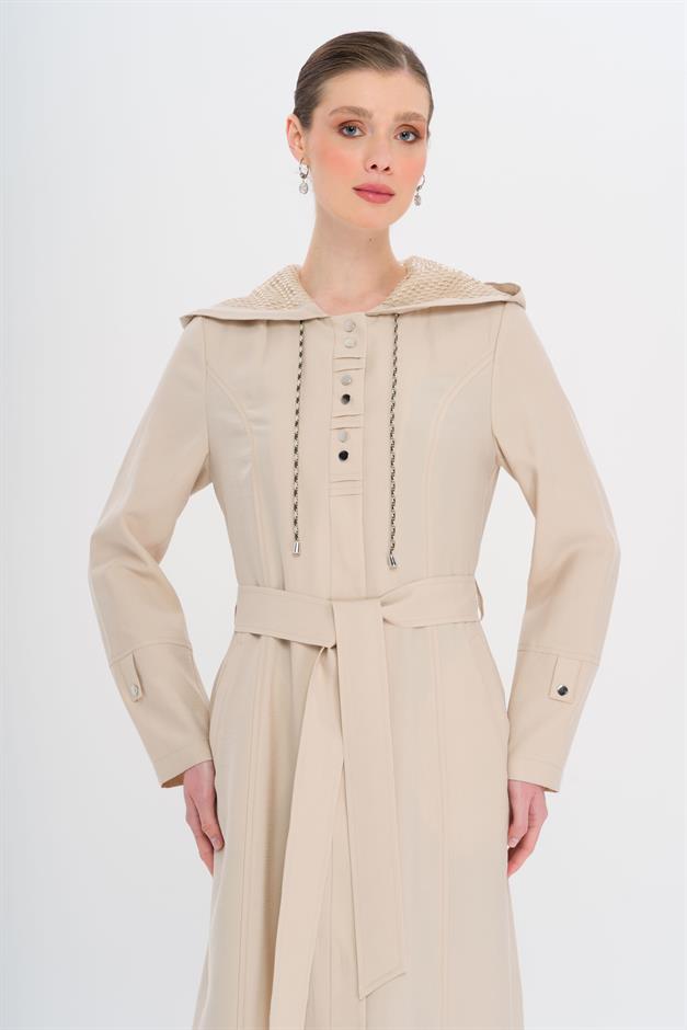 Kapüşonlu File ve Kordon Detaylı Astrasız Modal Pardesü TAŞ 6739