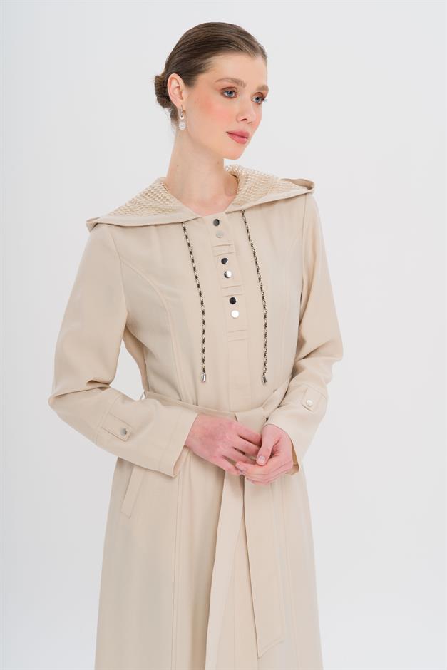 Kapüşonlu File ve Kordon Detaylı Astrasız Modal Pardesü TAŞ 6739