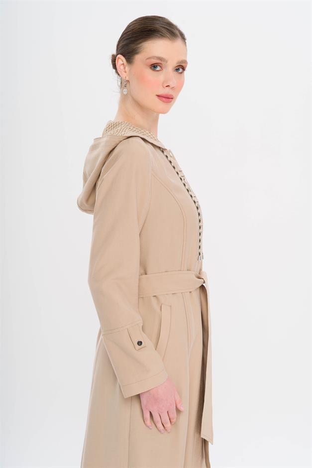 Kapüşonlu File ve Kordon Detaylı Astrasız Modal Pardesü BEJ 6739