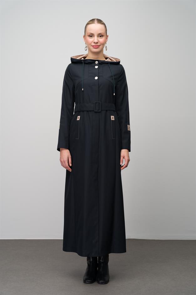 Kapüşonlu Garni Detaylı astarlı Trenç Pardesü LACİVERT 4297