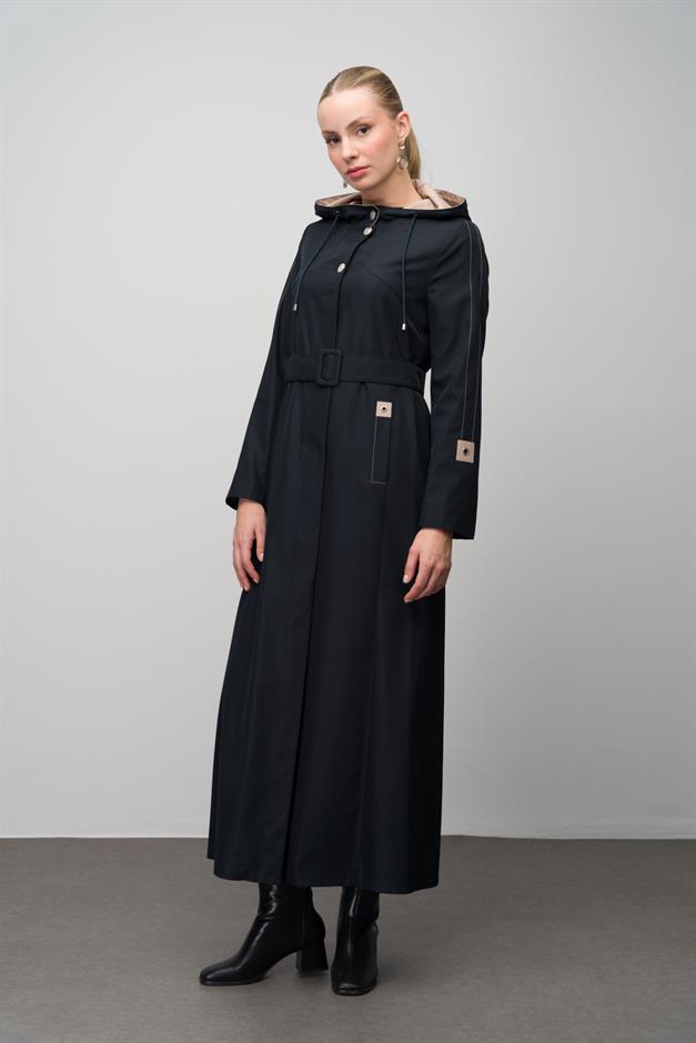 Kapüşonlu Garni Detaylı astarlı Trenç Pardesü LACİVERT 4297