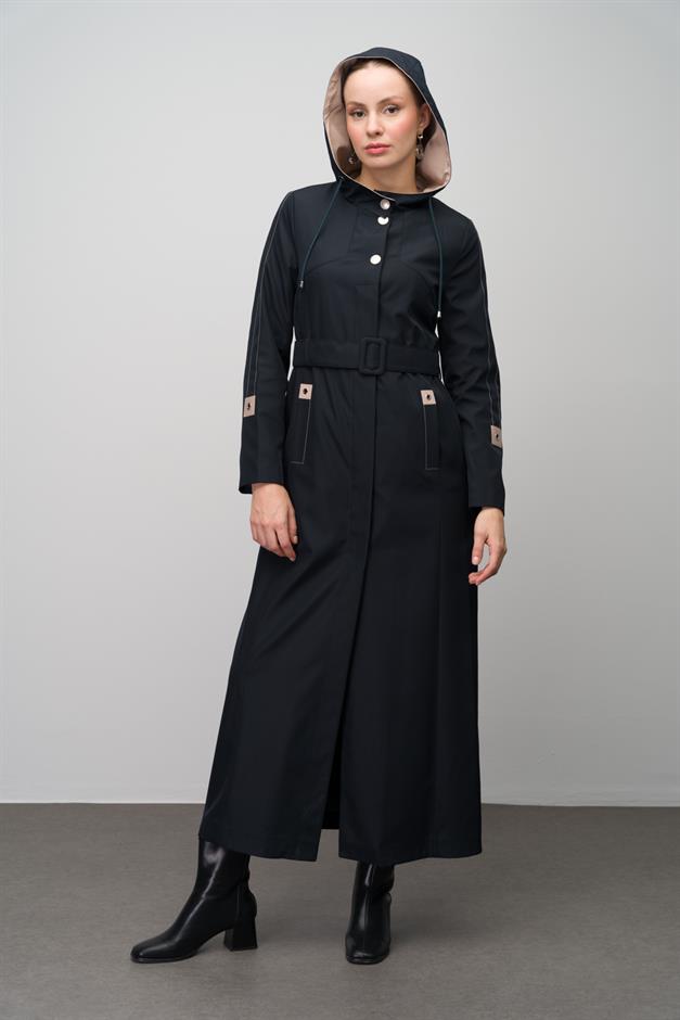 Kapüşonlu Garni Detaylı astarlı Trenç Pardesü LACİVERT 4297