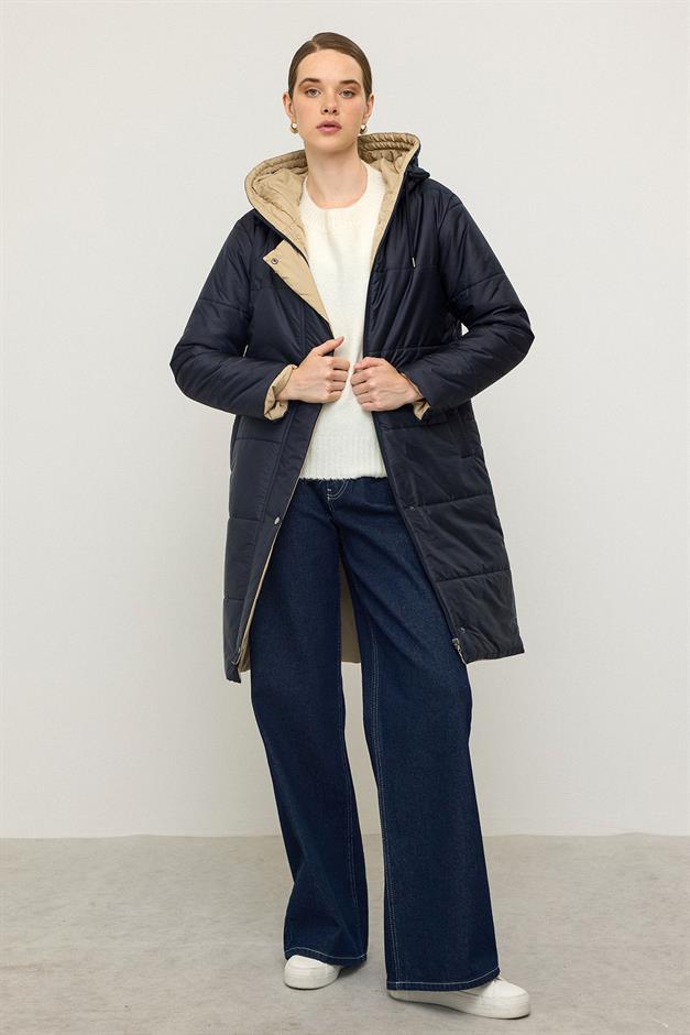 معطف غارني مبطن بغطاء للرأس ومفصل الأزرق الداكن 6782