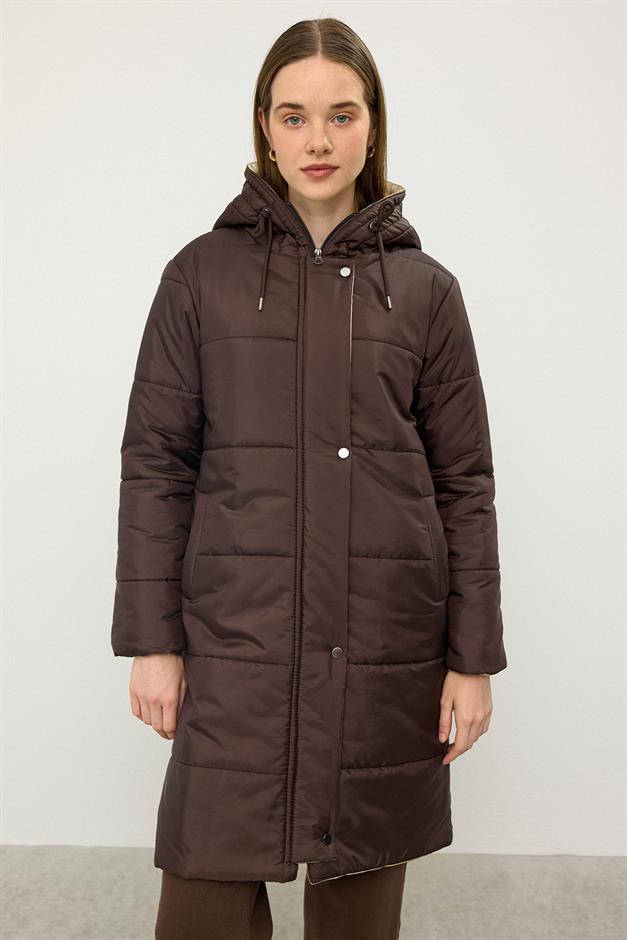 معطف غارني مبطن بغطاء للرأس ومفصل قهوة 6782