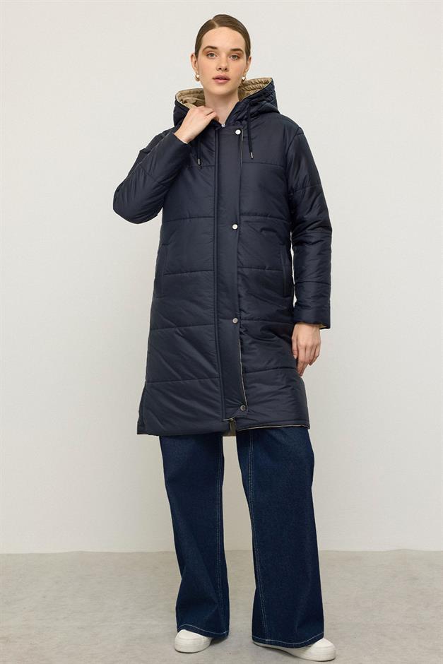 معطف غارني مبطن بغطاء للرأس ومفصل الأزرق الداكن 6782