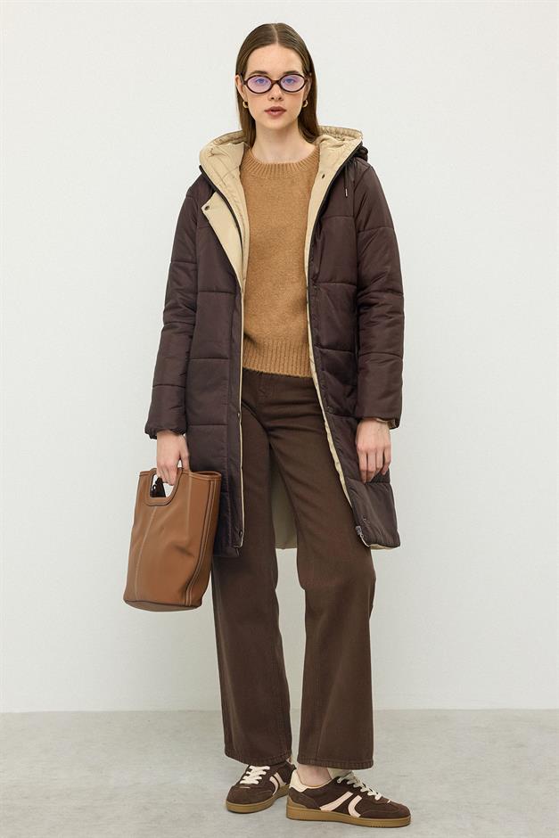 معطف غارني مبطن بغطاء للرأس ومفصل قهوة 6782