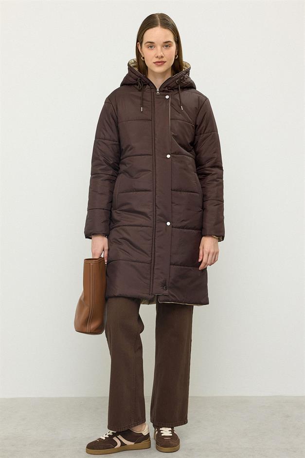 معطف غارني مبطن بغطاء للرأس ومفصل قهوة 6782