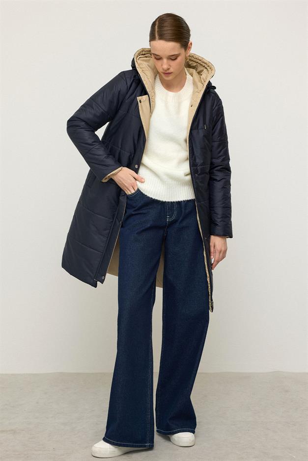 معطف غارني مبطن بغطاء للرأس ومفصل الأزرق الداكن 6782