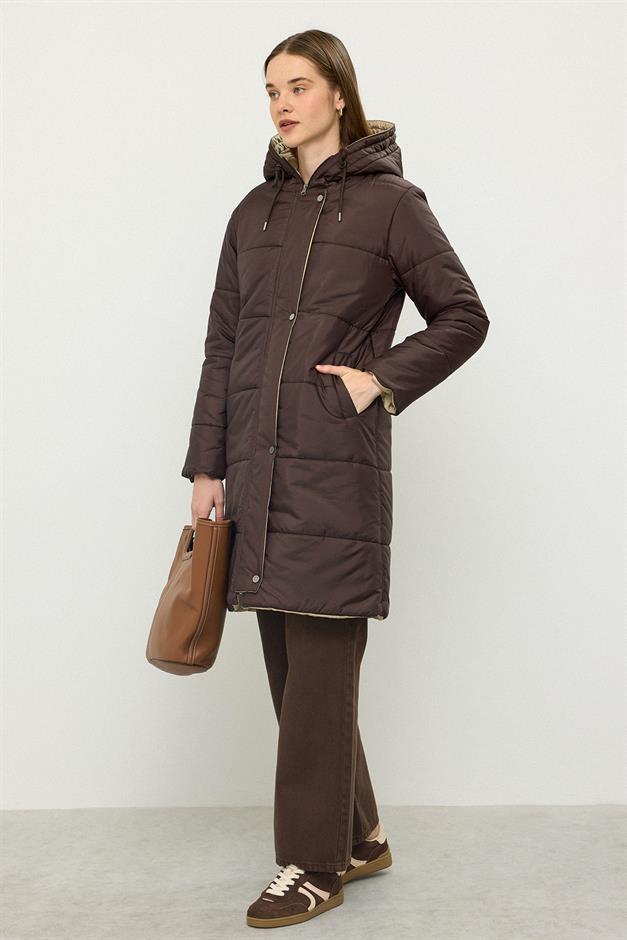 معطف غارني مبطن بغطاء للرأس ومفصل قهوة 6782