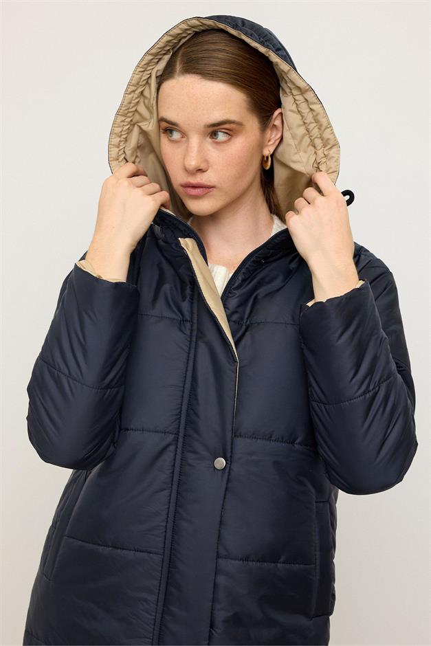 معطف غارني مبطن بغطاء للرأس ومفصل الأزرق الداكن 6782