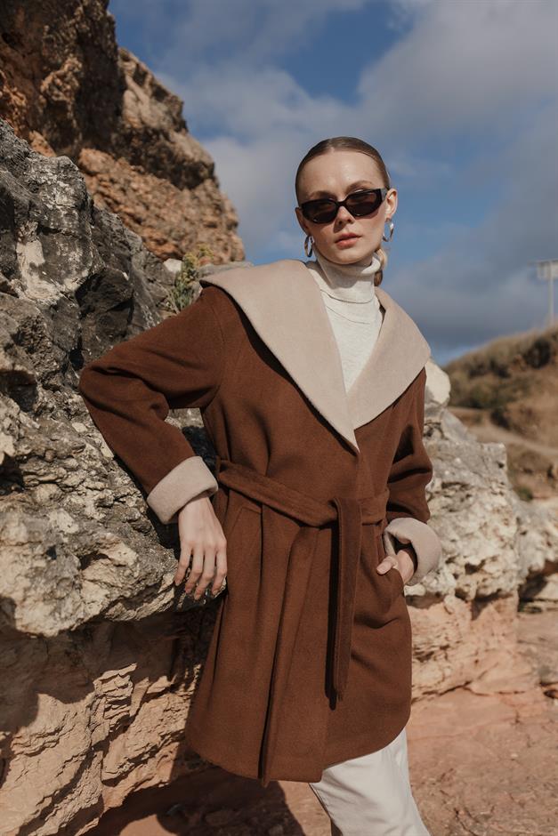 Hooded Garni Detailed Oversize Coat TOBACCO 3069