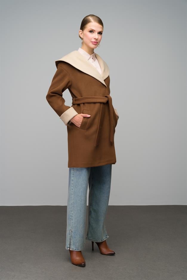 Hooded Garni Detailed Oversize Coat TOBACCO 3069