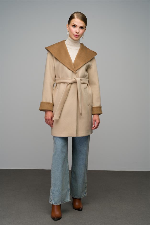 Hooded Garni Detailed Oversize Coat IVORY 3069