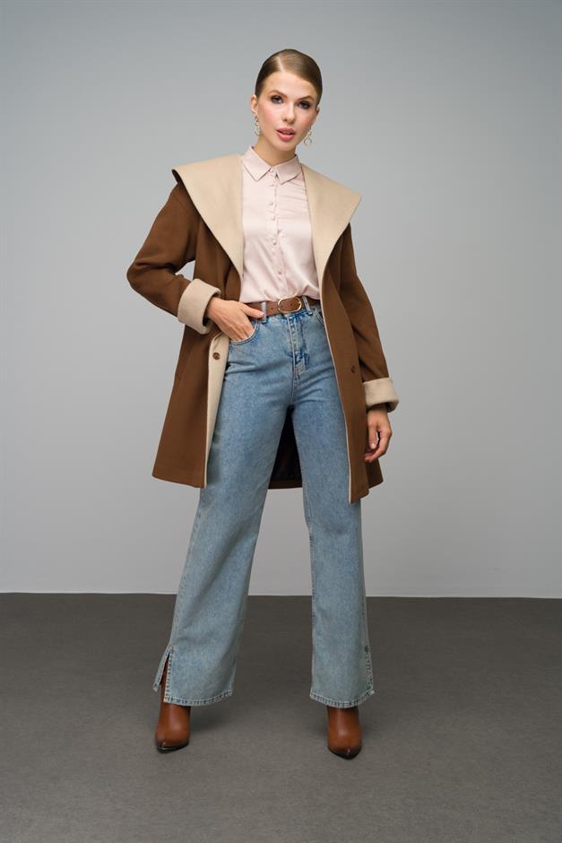 Hooded Garni Detailed Oversize Coat TOBACCO 3069