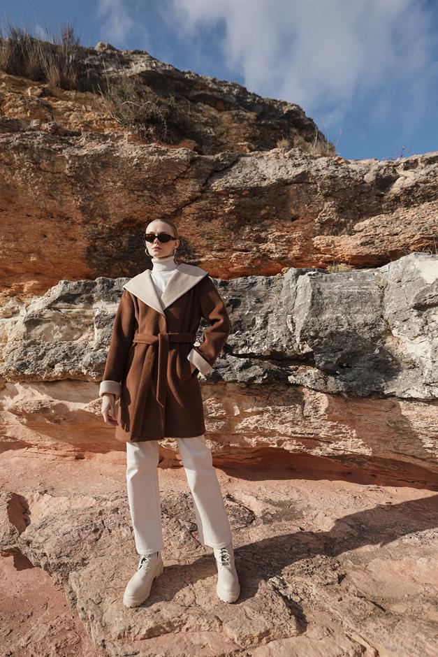 Hooded Garni Detailed Oversize Coat TOBACCO 3069