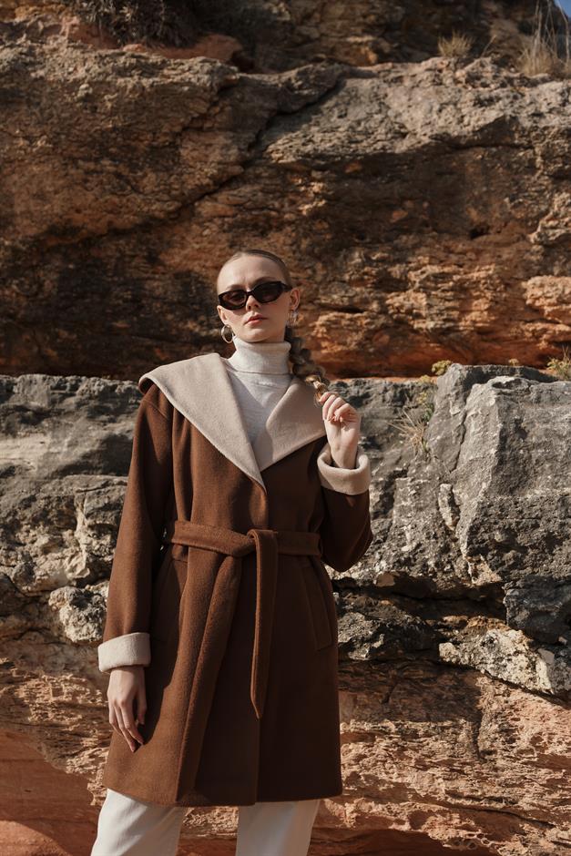 Hooded Garni Detailed Oversize Coat TOBACCO 3069
