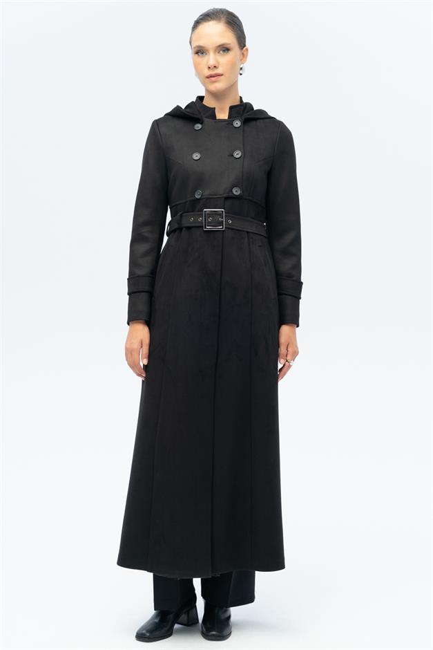 Kapüşonlu Garni Detaylı Süet Görünümlü Pardesü SİYAH 6677