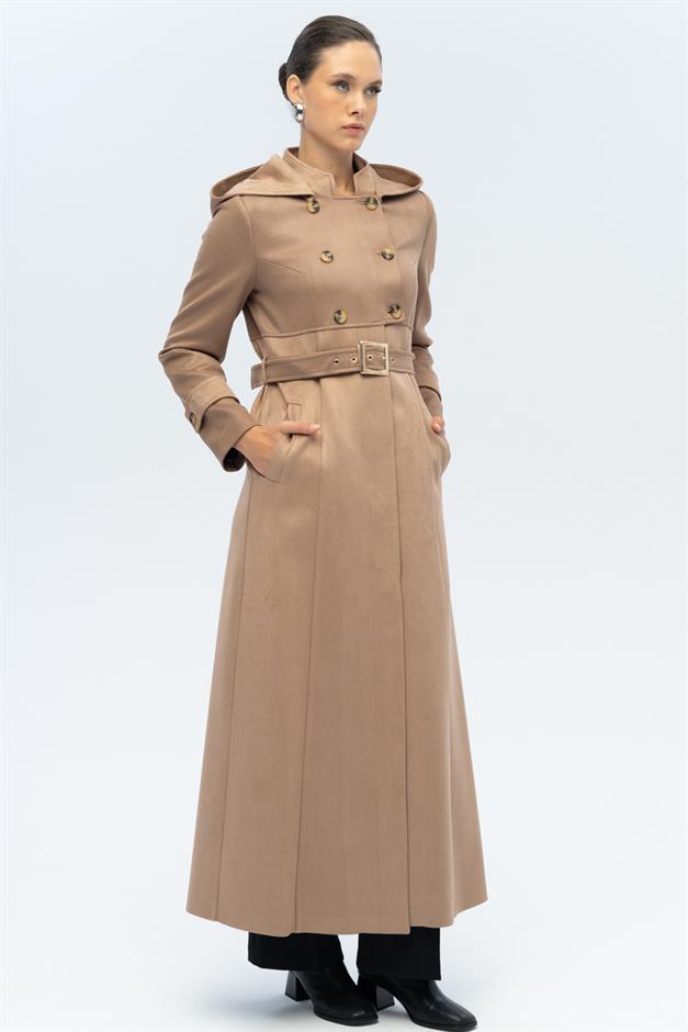 Kapüşonlu Garni Detaylı Süet Görünümlü Pardesü K. KAMEL 6677